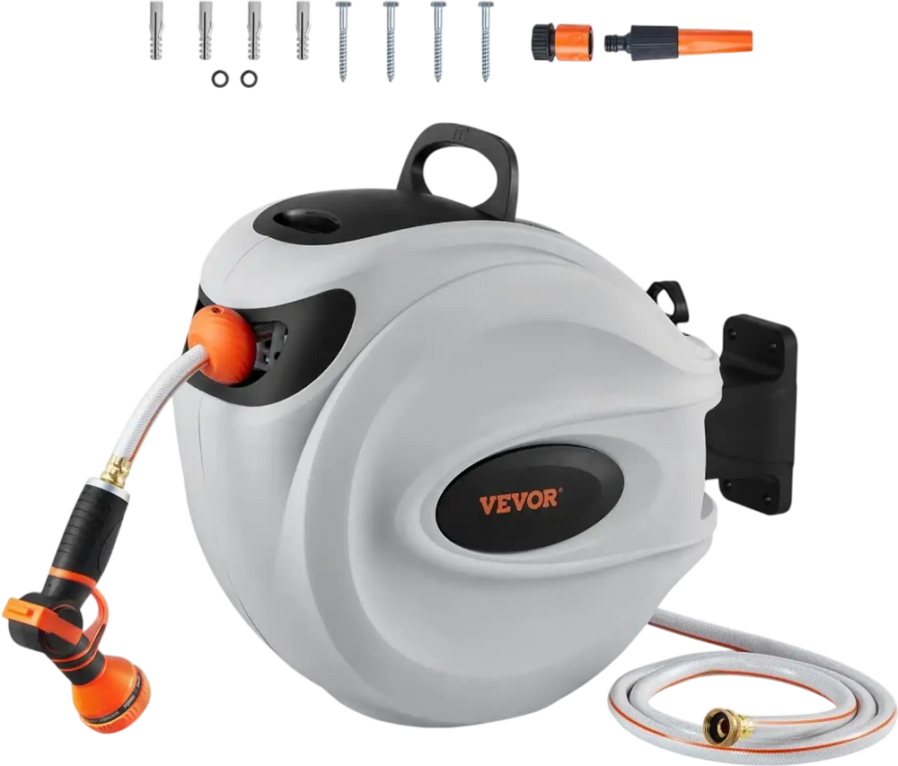 VEVOR Retractable Hose Reel, 65 ft x 5/8 inch, 180° Swivel Bracket Wall-Mounted, Garden Water Hose Reel with 9-Pattern Nozzle, Automatic Rewind, Lock at Any Length, and Slow Return System