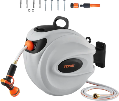 VEVOR Retractable Hose Reel, 65 ft x 5/8 inch, 180° Swivel Bracket Wall-Mounted, Garden Water Hose Reel with 9-Pattern Nozzle, Automatic Rewind, Lock at Any Length, and Slow Return System