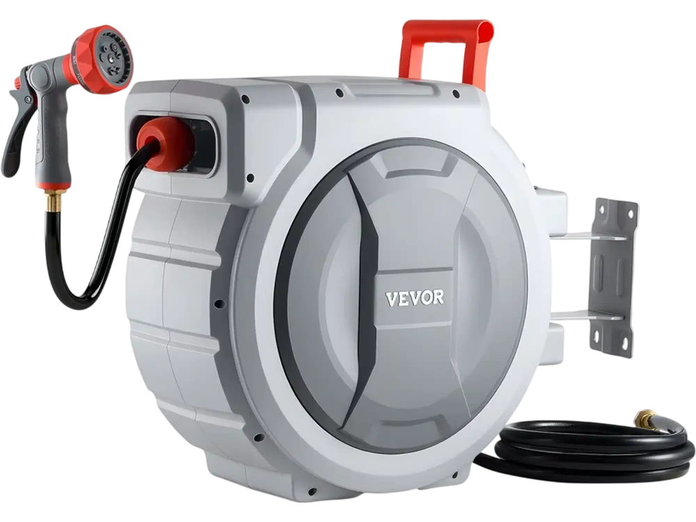 VEVOR Retractable Garden Hose Reel, 1/2 in x 130 ft, Wall Mounted Hose Reel with 9-Function Sprayer Nozzle and 180° Swivel Bracket, Any Length Lock, Automatic Slow Rewind System, for Garden Watering