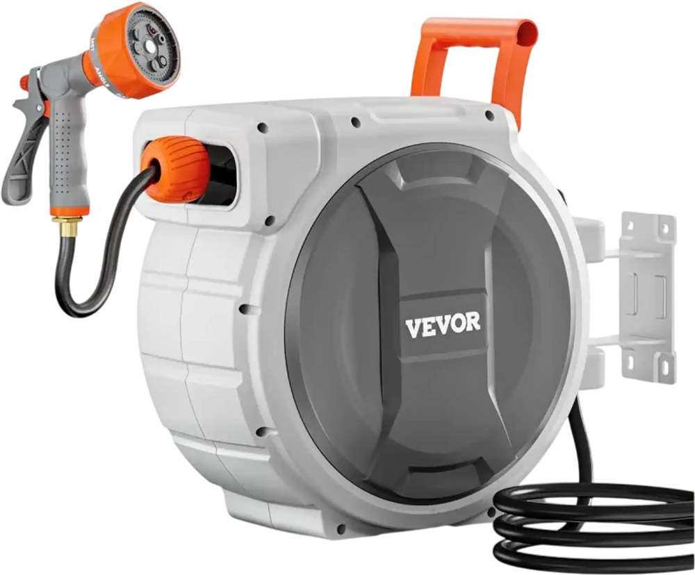 VEVOR Retractable Garden Hose Reel, 5/8 Inch x 100 ft Wall Mounted Hose Reel, Heavy Duty Garden Hose Reel with 9 Patterns Nozzle, Any Length Lock, Upgraded Slow Return System and 180°Swivel Bracket