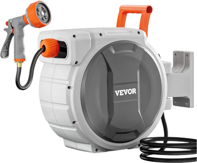 VEVOR Retractable Garden Hose Reel, 1/2 Inch x 84 ft Wall Mounted Hose Reel, Heavy Duty Garden Hose Reel with 9 Patterns Nozzle, Any Length Lock, Upgraded Slow Return System and 180°Swivel Bracket