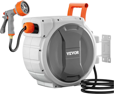 VEVOR Retractable Garden Hose Reel, 1/2 Inch x 145 ft Wall Mounted Hose Reel, Heavy Duty Garden Hose Reel with 9 Patterns Nozzle, Any Length Lock, Upgraded Slow Return System and 180°Swivel Bracket
