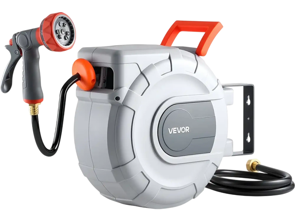 VEVOR Retractable Garden Hose Reel, 1/2 in x 50 ft, Wall Mounted Hose Reel with 9-Function Sprayer Nozzle and 180° Swivel Bracket, Any Length Lock, Automatic Slow Rewind System, for Garden Watering