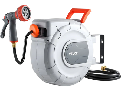 VEVOR Retractable Garden Hose Reel, 1/2 in x 50 ft, Wall Mounted Hose Reel with 9-Function Sprayer Nozzle and 180° Swivel Bracket, Any Length Lock, Automatic Slow Rewind System, for Garden Watering