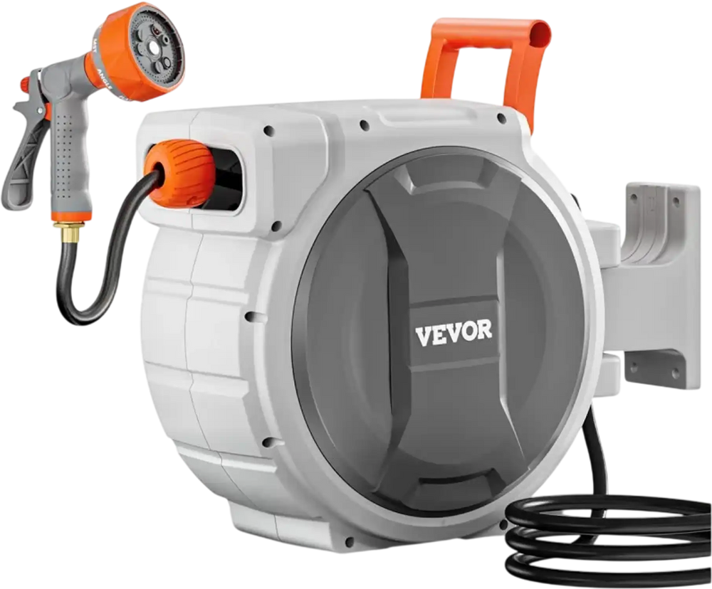 VEVOR Retractable Garden Hose Reel, 1/2 Inch x 65 ft Wall Mounted Hose Reel, Heavy Duty Garden Hose Reel with 9 Patterns Nozzle, Any Length Lock, Upgraded Slow Return System and 180°Swivel Bracket