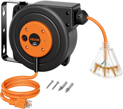 VEVOR Retractable Extension Cord Reel 25FT Heavy Duty 14AWG/3C SJTOW Orange, for Ceiling/Wall Mount, 13A Circuit Breaker, Automatic Retractable Power Cord, Lighted Triple Tap, with 180° Swivel Bracket
