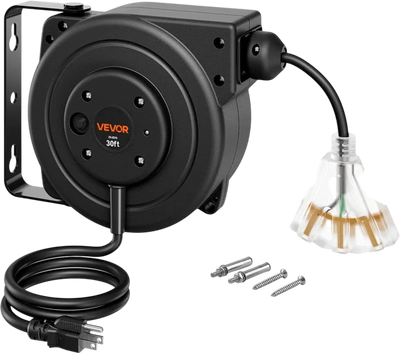 VEVOR Retractable Extension Cord Reel 30FT Heavy Duty 16AWG/3C SJTOW Black, for Ceiling/Wall Mount, 10A Circuit Breaker, Automatic Retractable Power Cord, Lighted Triple Tap, with 180° Swivel Bracket