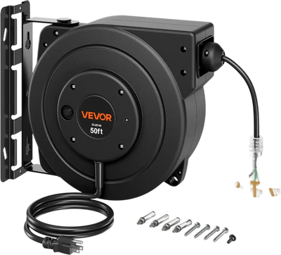 VEVOR Retractable Extension Cord Reel 50FT Heavy Duty 14AWG/3C SJTOW Black, for Ceiling/Wall Mount, 13A Circuit Breaker, Automatic Retractable Power Cord, Lighted Triple Tap, with 180° Swivel Bracket
