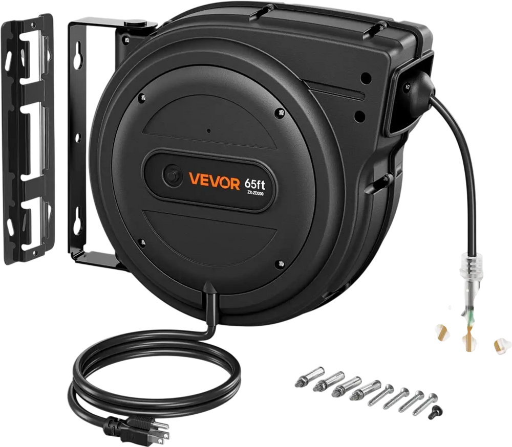 VEVOR Retractable Extension Cord Reel 65FT Heavy Duty 12AWG/3C SJTOW Black, for Ceiling/Wall Mount, 15A Circuit Breaker, Automatic Retractable Power Cord, Lighted Triple Tap, with 180° Swivel Bracket