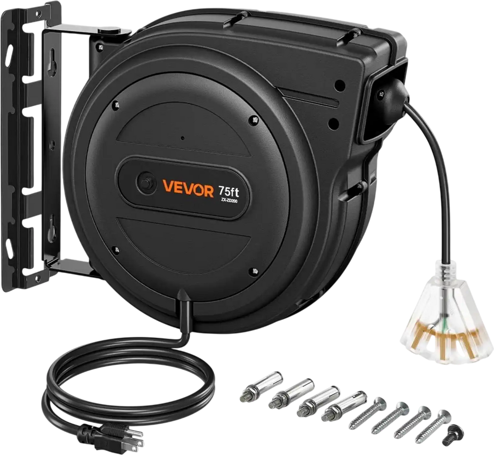 VEVOR Retractable Extension Cord Reel 75FT Heavy Duty 14AWG/3C SJTOW Black, for Ceiling/Wall Mount, 13A Circuit Breaker, Automatic Retractable Power Cord, Lighted Triple Tap, with 180° Swivel Bracket