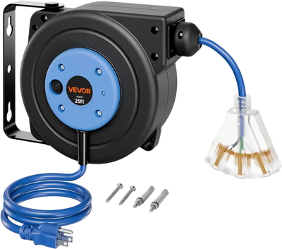 Vevor Extension Cord Reel Retractable 25' Heavy Duty 14 AWG/3C SJTOW Blue New
