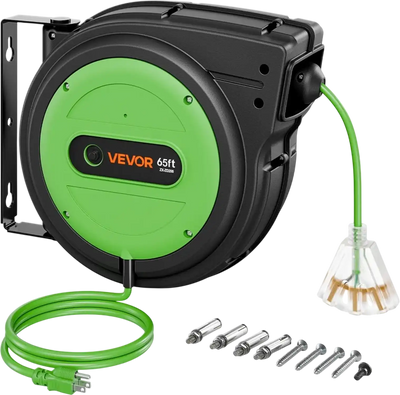 Vevor Retractable Extension Cord Reel 65' 12/3 AWG Green Wall/Ceiling Mount New