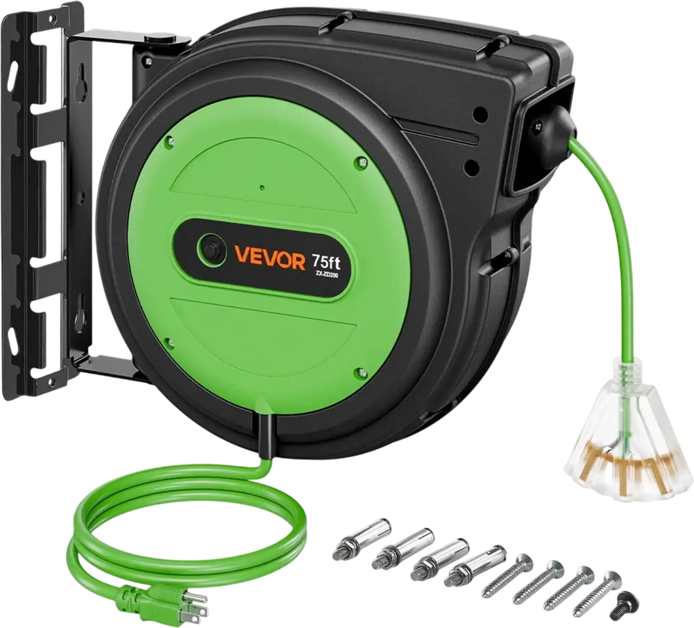 VEVOR Retractable Extension Cord Reel 75FT Heavy Duty 14AWG/3C SJTOW Green, for Ceiling/Wall Mount, 13A Circuit Breaker, Automatic Retractable Power Cord, Lighted Triple Tap, with 180° Swivel Bracket