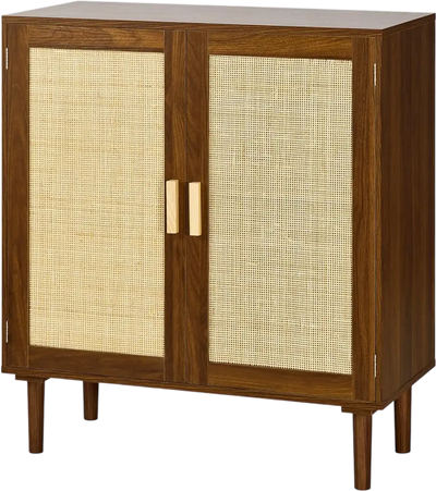 VEVOR Rattan Cabinet, Rattan Storage Cabinet with 2 Magnetic Doors and Adjustable Shelves, Accent Sideboard Buffet with Wooden Legs & Power Cord Hole for Hallway, Entryway, Living Room, Kitchen, Khaki