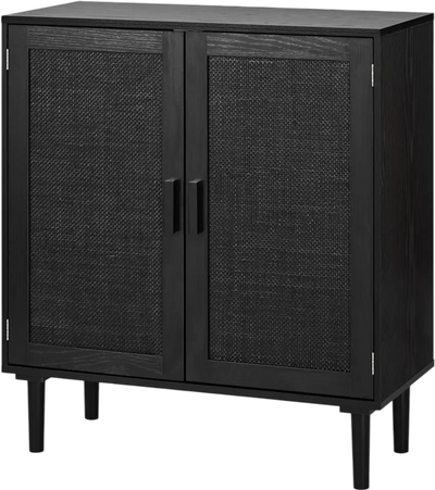 VEVOR Rattan Cabinet, Rattan Storage Cabinet with 2 Magnetic Doors and Adjustable Shelves, Accent Sideboard Buffet with Wooden Legs & Power Cord Hole for Hallway, Entryway, Living Room, Kitchen, Black