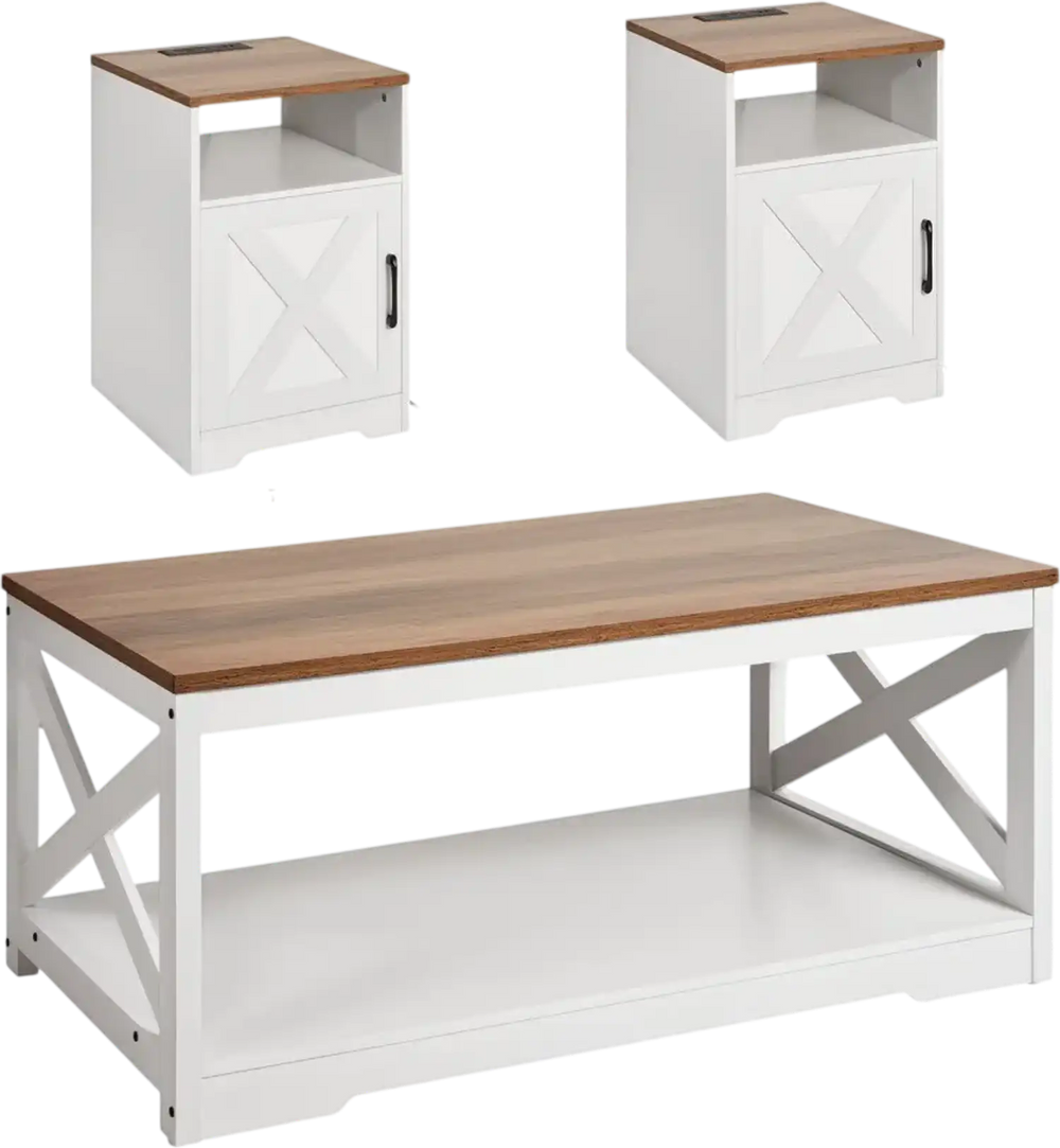 VEVOR 3 Pieces Farmhouse Coffee Table Sets, 40 in Industrial Coffee Table with 2 End Side Tables, Easy Assembly Coffee and End Tables Sets with Charging Station, for Office, Living Room & Apartment