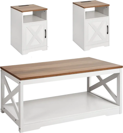 Vevor Coffee Table Set 3-Piece Farmhouse Industrial Living Room Tables with Charging Station New