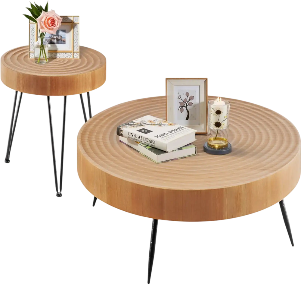 VEVOR 2 Pieces Round Coffee Tables Sets, 31.3 in Industrial Living Room Table with 1 End Side Table, Easy Assembly Coffee and End Tables Sets with Metal Legs, for Office, Living Room and Apartment