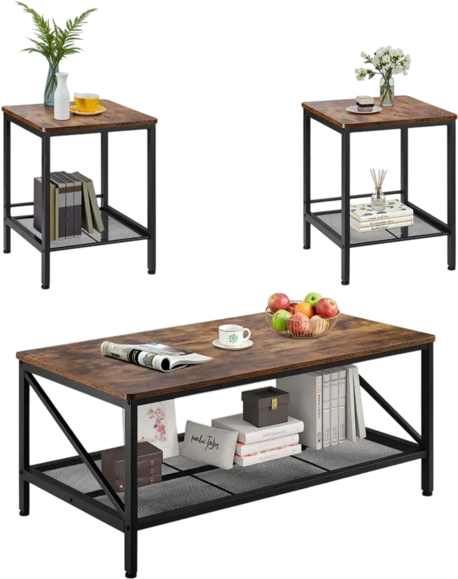 Vevor Living Room Table Set 3-Piece Industrial Coffee and End Table Set 41.3