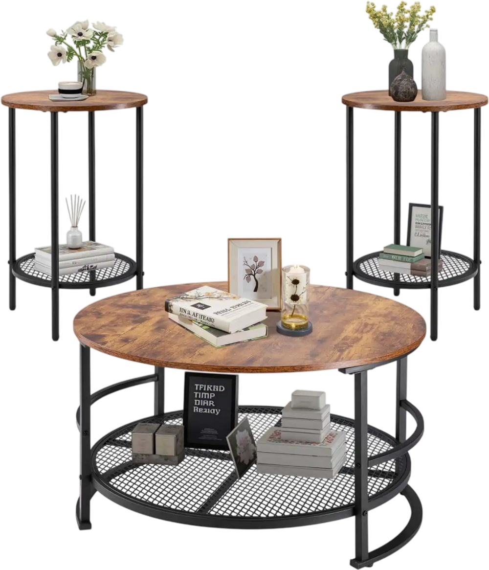 VEVOR 3 Pieces Round Coffee Table Sets, 31.5 in Industrial Living Room Table with 2 End Side Tables, Easy Assembly Coffee and End Tables Sets with Metal Legs, for Office, Living Room and Apartment