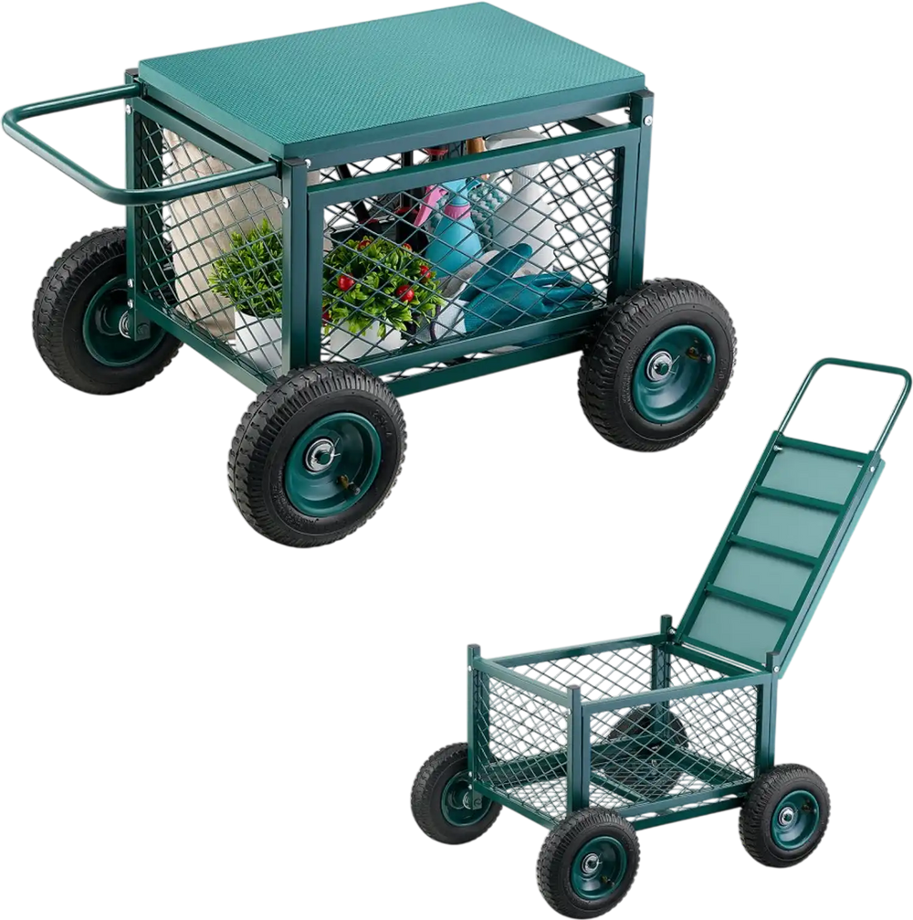 VEVOR Rolling Garden Cart with Seat, Metal Rolling Garden Work Seat with Wheels, Supports up to 400 LBS, Heavy Duty Gardening Cart Scooter, Outdoor Wagon & Stool on Wheels for Lawn, Patio, Backyard