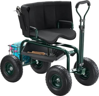 VEVOR Garden Seat with Wheels, Rolling Garden Stool with Height Adjustable & 360° Swivel Seat, 400lbs Weight Capacity, Gardening Cart Bench, Ergonomic Backrest & Tool Storage, for Garden, Yard, Patio