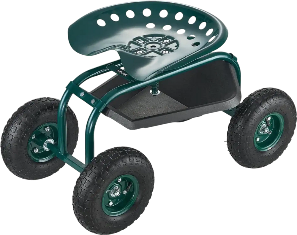 VEVOR  Rolling Garden Cart with Swivel Seat, Heavy Duty Garden Seat with Storage Basket & Tool Tray, 300 lbs Weight Capacity, Outdoor Utility Gardening Stool Scooter for Lawn Yard Planting Weeding
