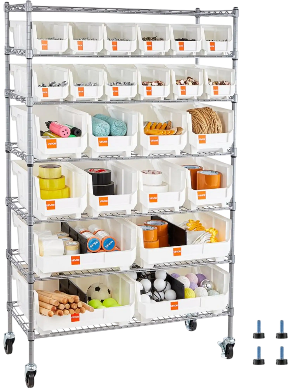 VEVOR 7-Tier Rolling Bin Storage Rack, 24 Organizer Bins, Bin Rack Storage Steel Wire Shelving System with Wheels, Mobile Tool Organizer for Garage, Warehouse, Office, Restaurant, Classroom, Kitchen