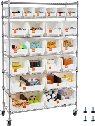 VEVOR 7-Tier Rolling Bin Storage Rack, 22 Organizer Bins, Bin Rack Storage Steel Wire Shelving System with Wheels, Mobile Tool Organizer for Garage, Warehouse, Office, Restaurant, Classroom, Kitchen