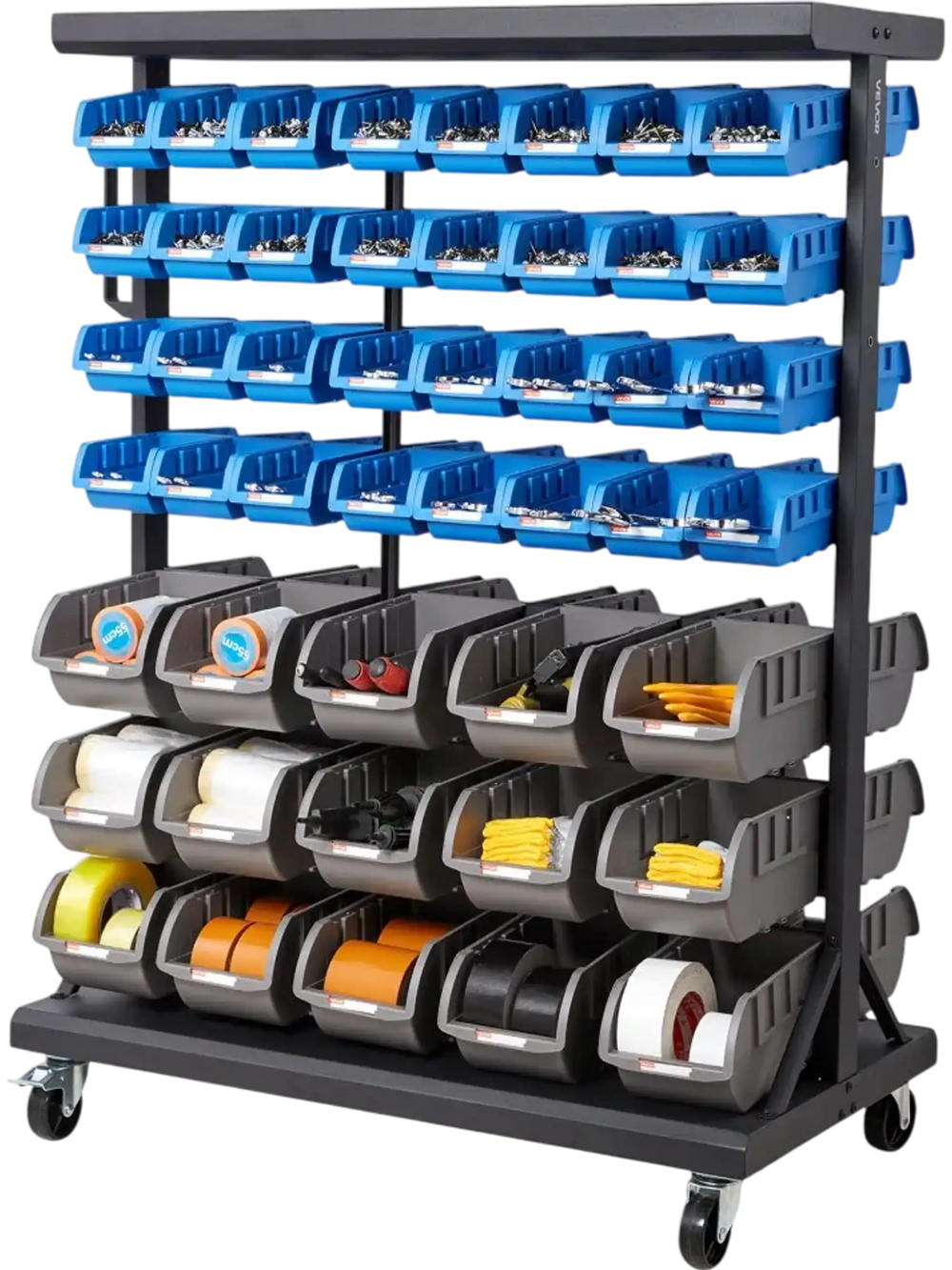 VEVOR 7-Tier Double-Sided Rolling Bin Storage Rack, 94 Plastic Bins, Dual-Sided Parts Organizer with Wheels, Mobile Tool Organizer for Garage, Warehouse, Office, Restaurant, Classroom, Kitchen