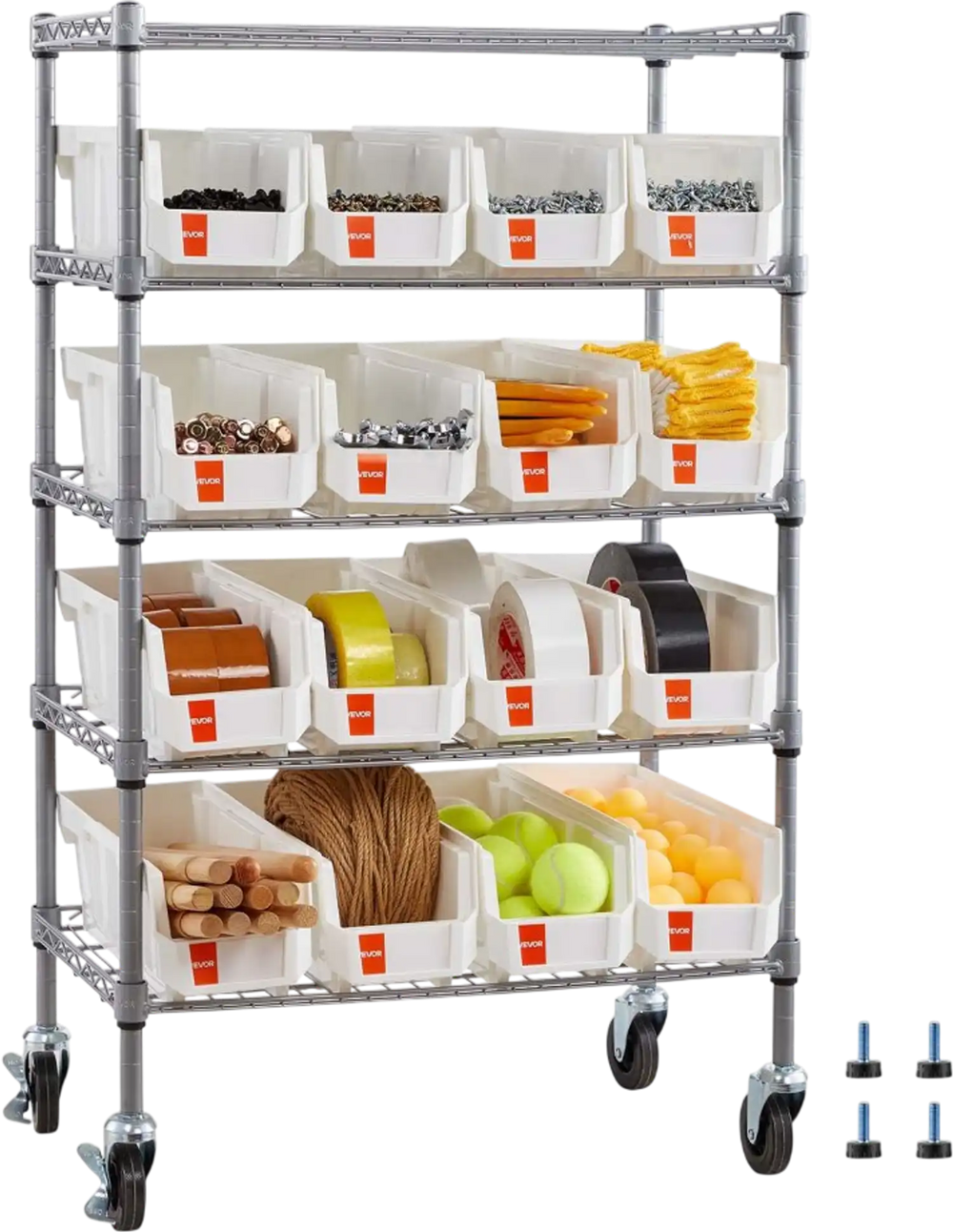 VEVOR 5-Tier Rolling Bin Storage Rack, 16 Organizer Bins, Bin Rack Storage Steel Wire Shelving System with Wheels, Mobile Tool Organizer for Garage, Warehouse, Office, Restaurant, Classroom, Kitchen