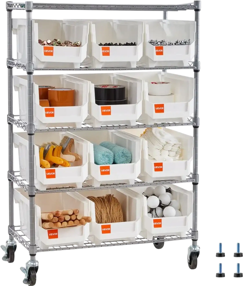 VEVOR 5-Tier Rolling Bin Storage Rack, 12 Organizer Bins, Bin Rack Storage Steel Wire Shelving System with Wheels, Mobile Tool Organizer for Garage, Warehouse, Office, Restaurant, Classroom, Kitchen