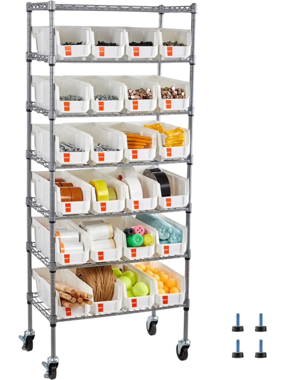 VEVOR 7-Tier Rolling Bin Storage Rack, 24 Small Bins, Bin Rack Storage Steel Wire Shelving System with Wheels, Mobile Tool Organizer for Garage, Warehouse, Office, Restaurant, Classroom, Kitchen