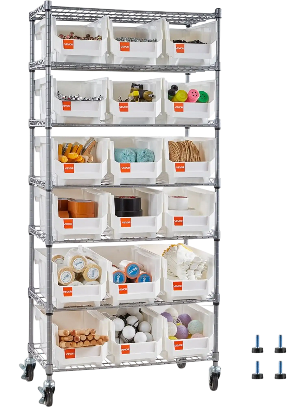 VEVOR 7-Tier Rolling Bin Storage Rack, 18 Organizer Bins, Bin Rack Storage Steel Wire Shelving System with Wheels, Mobile Tool Organizer for Garage, Warehouse, Office, Restaurant, Classroom, Kitchen