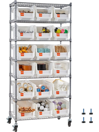 VEVOR 7-Tier Rolling Bin Storage Rack, 18 Organizer Bins, Bin Rack Storage Steel Wire Shelving System with Wheels, Mobile Tool Organizer for Garage, Warehouse, Office, Restaurant, Classroom, Kitchen