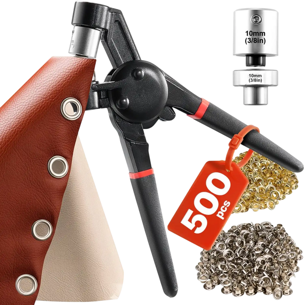 VEVOR Grommet Tool Kit, 500 PCS 3/8 Inch Metal Eyelets Grommets in Gold and Silver, Eyelet Kit with Manual Grommet Press Pliers, Hole Punch, and Block, for Leather Tarp Shoes Crafts Fabric Belt