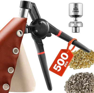 VEVOR Grommet Tool Kit, 500 PCS 1/4 Inch Metal Eyelets Grommets in Gold and Silver, Eyelet Kit with Manual Grommet Press Pliers, Hole Punch, and Block, for Leather Tarp Shoes Crafts Fabric Belt