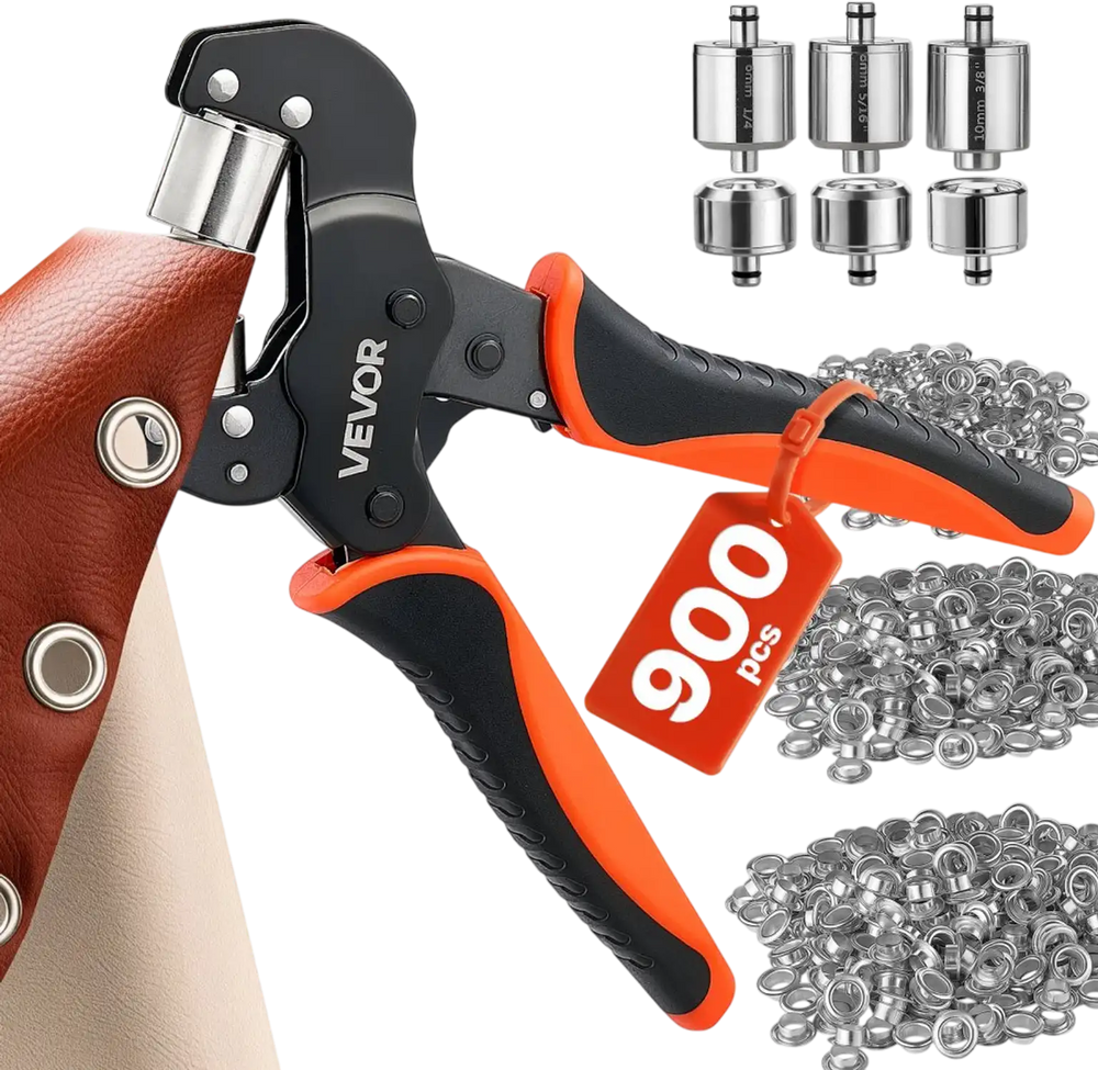 VEVOR Grommet Tool Kit 1/4" 5/16" 3/8" 900 PCS Grommets Eyelet Tool Kit, with Eyelets and Washers, Manual Grommet Press Pliers, Hole Punch Tools, Blocks, for Leather, Tarps, Shoes, Crafts, Fabric