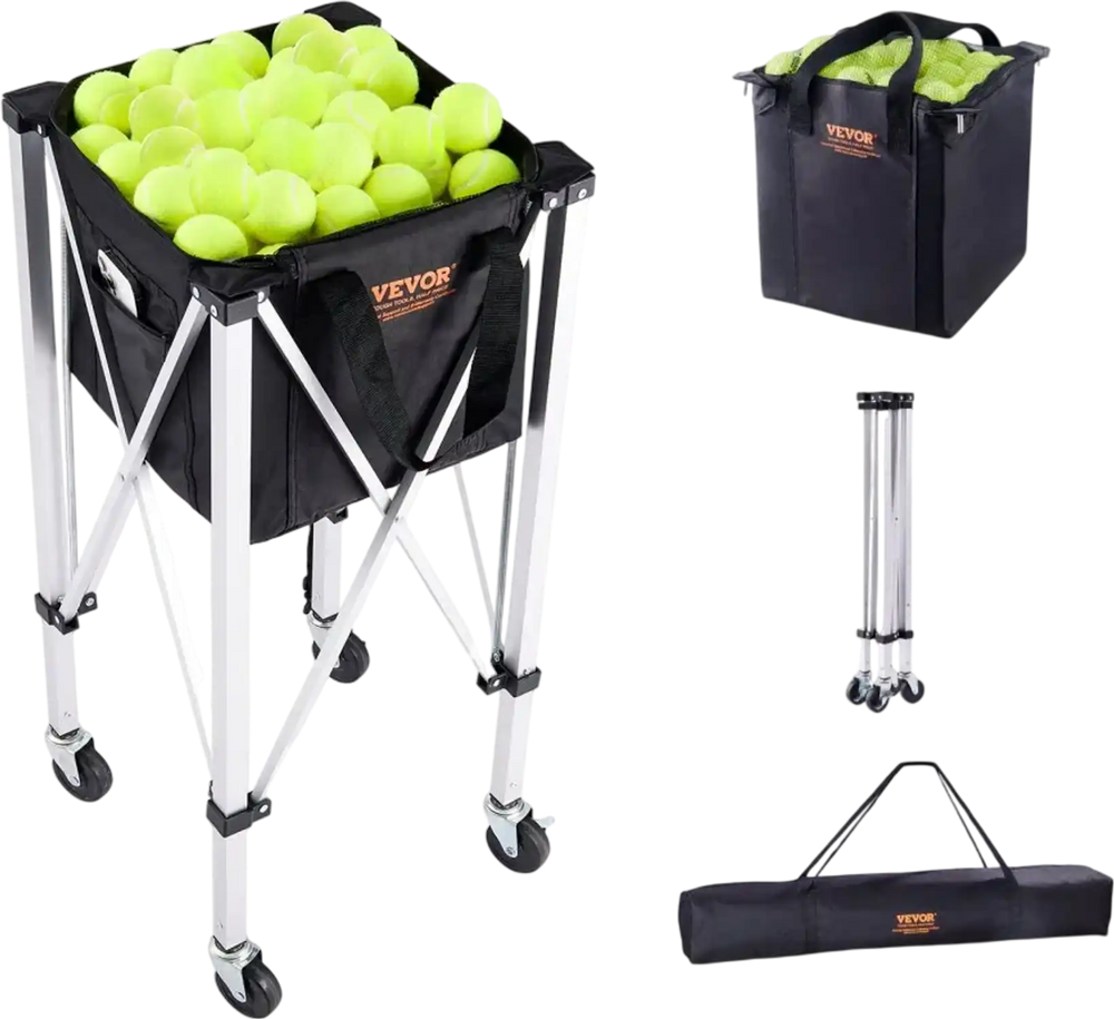 VEVOR Foldable Tennis Ball Hopper, Holds 180 Tennis Balls, Lightweight Aluminum Alloy Tennis Ball Basket Cart with Wheels, Removable Bag, Carry Bag, Portable Sports Teaching Cart for Tennis Player