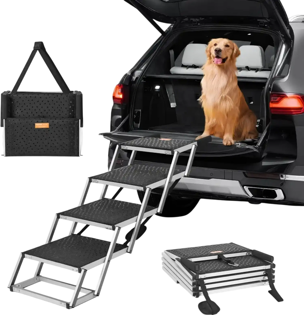 VEVOR Dog Stair for Cars, Wide 4-step Dog Car Steps, Folding Dog Car Ramp with Nonslip Surface, Portable Pet Steps Lightweight Aluminum for Car, SUV and Truck, Supports up to 150 lbs