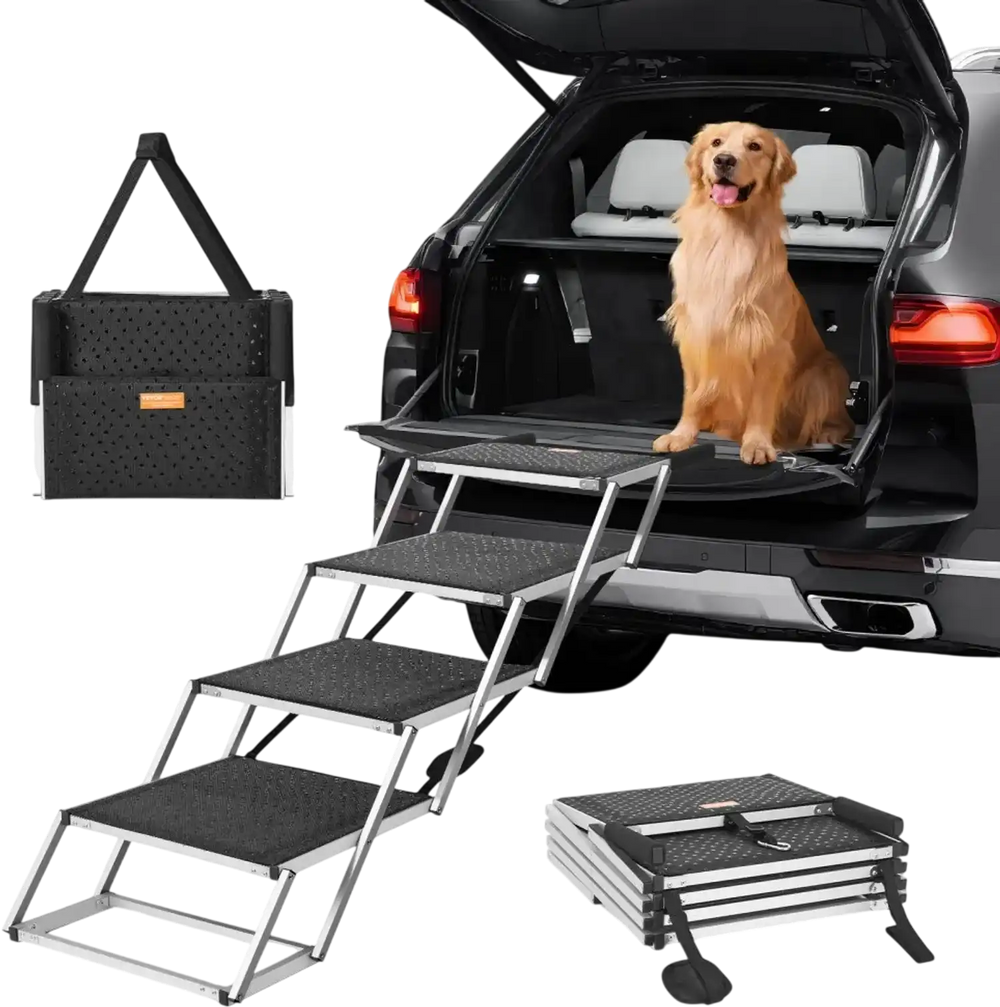 VEVOR Dog Stair for Cars, Wide 4-step Dog Car Steps, Folding Dog Car Ramp with Nonslip Surface, Portable Pet Steps Lightweight Aluminum for Car, SUV and Truck, Supports up to 250 lbs