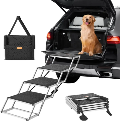 VEVOR Dog Stair for Cars, Wide 4-step Dog Car Steps, Folding Dog Car Ramp with Nonslip Surface, Portable Pet Steps Lightweight Aluminum for Car, SUV and Truck, Supports up to 250 lbs