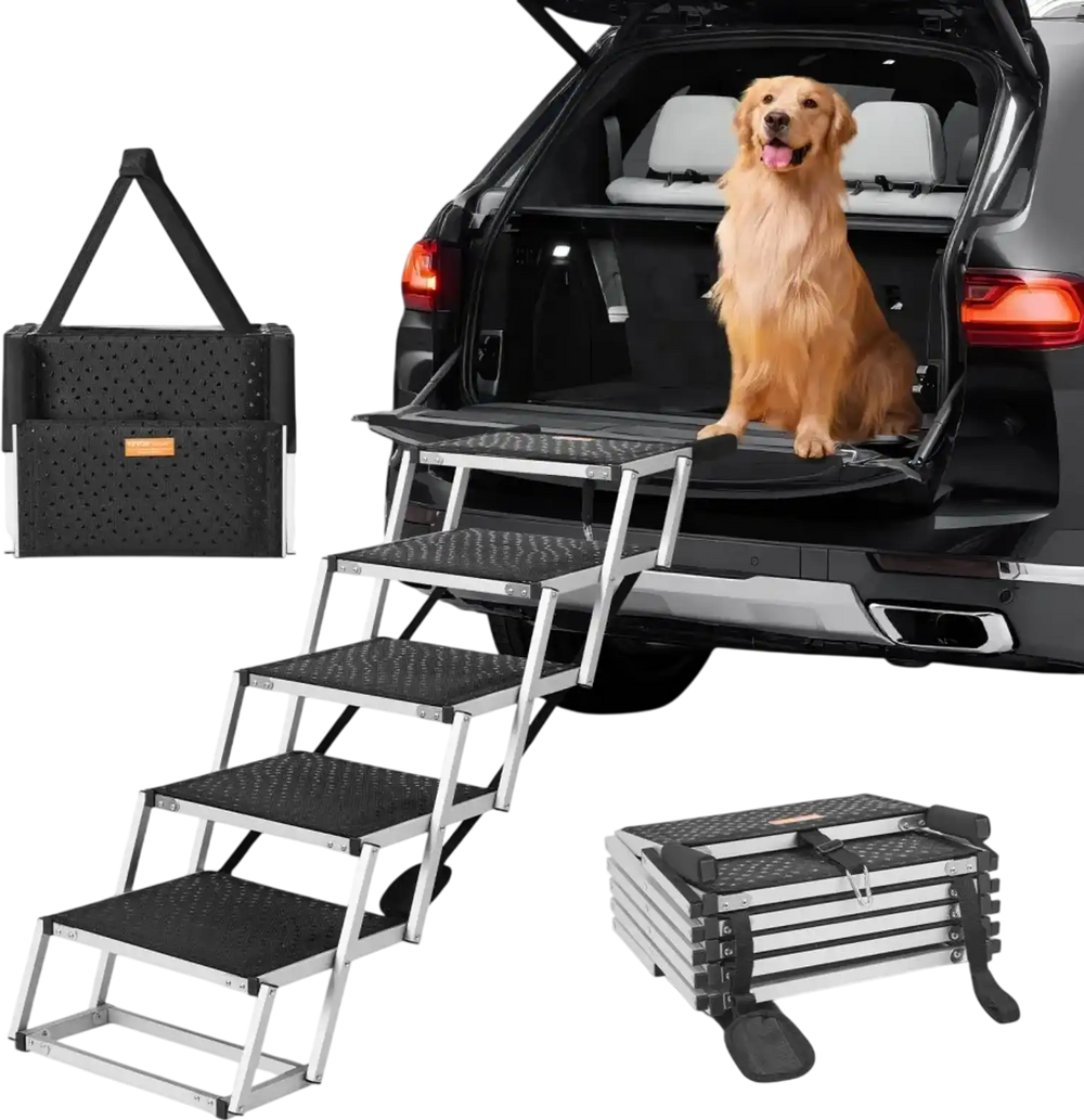 VEVOR Dog Stair for Cars, Wide 5-step Dog Car Steps, Folding Dog Car Ramp with Nonslip Surface, Portable Pet Steps Lightweight Aluminum for Car, SUV and Truck, Supports up to 150 lbs