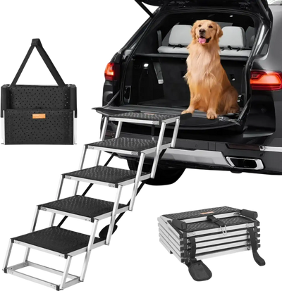 VEVOR Dog Stair for Cars, Wide 5-step Dog Car Steps, Folding Dog Car Ramp with Nonslip Surface, Portable Pet Steps Lightweight Aluminum for Car, SUV and Truck, Supports up to 150 lbs