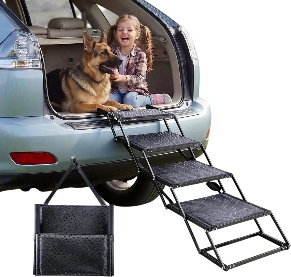 VEVOR Dog Stairs for Car, 4 Steps Extra Wide Foldable Dog Ramp for Large Dogs with Non-Slip Surface, Portable Lightweight Pet Stairs Ladder for Car, SUV, Truck, High Bed, Sofa, Support up to 250 lbs
