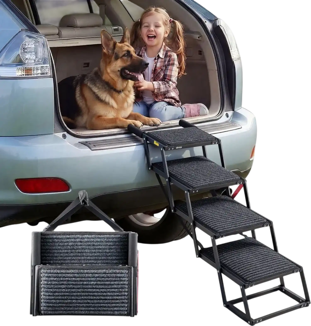 VEVOR Dog Stairs for Car, 4 Steps Extra Wide Foldable Dog Ramp for Large Dogs with Non-Slip Rug Surface, Portable Lightweight Pet Ladder for Car, SUV, Truck, High Beds, Sofas, Support up to 200 lbs