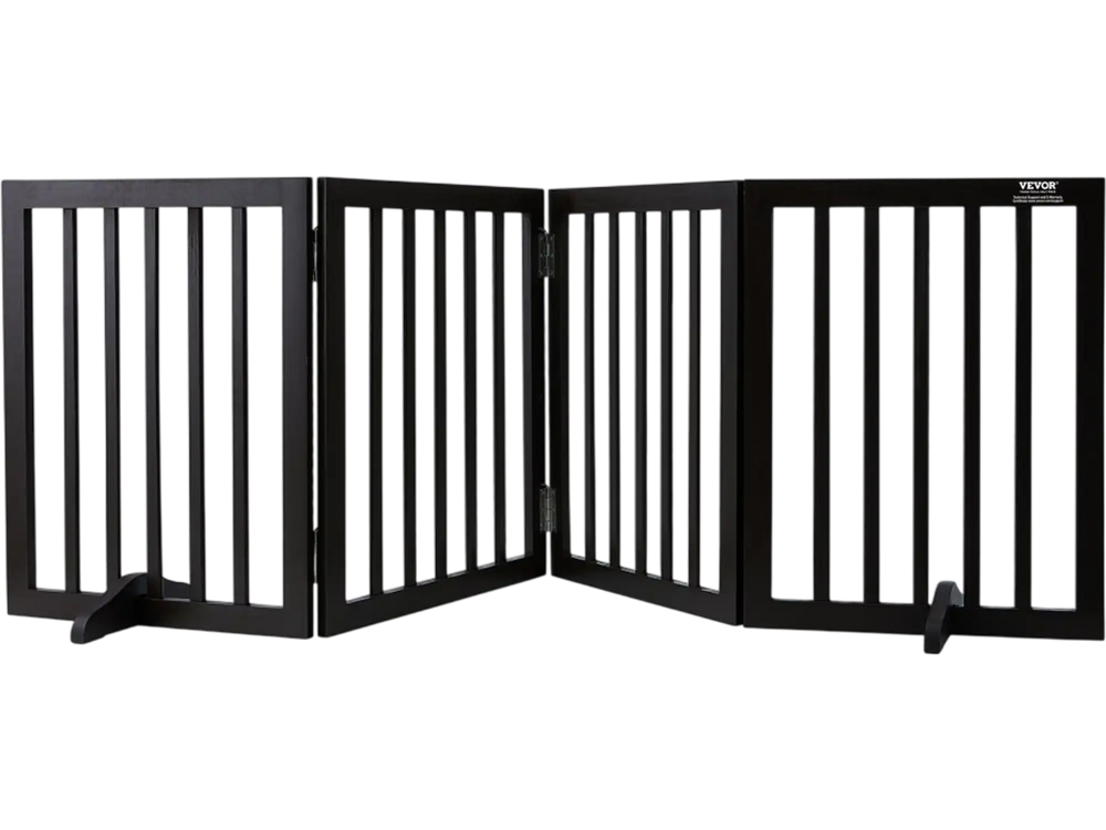VEVOR Indoor Pet Barrier, 24" Height x 80.3" Width, 4-Panel Folding Gate for Pets, Adjustable and Versatile Dog Fence for Both Wide and Slim Openings, Quiet Foot Pads, in Brown