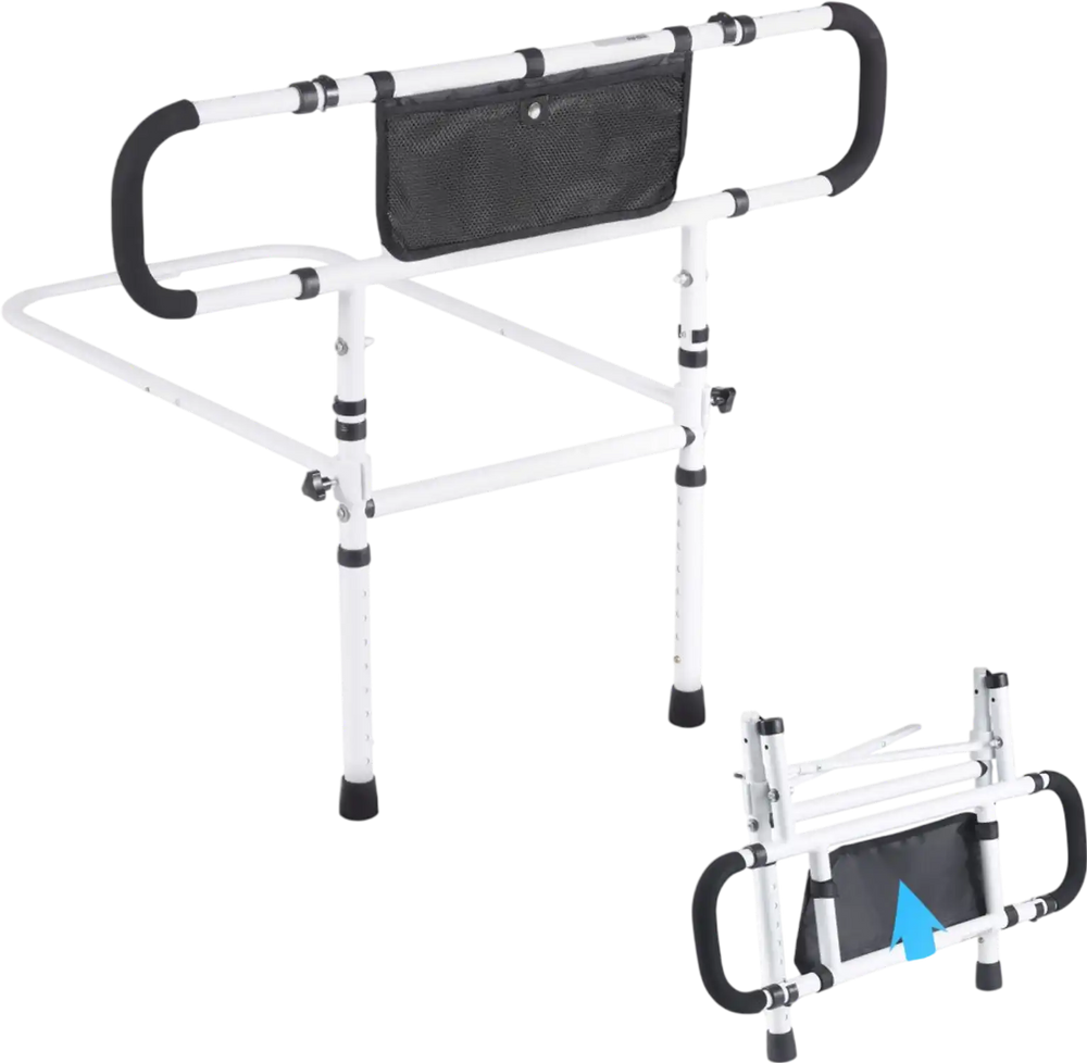 VEVOR Bed Rails for Elderly Adults, 180° Foldable Bed Assist Rails for Seniors, 450LBS Loading Bed Side Rails Bed Cane with 4-Level Adjustable Handle, Storage Pocket Fits King Queen Full Twin Bed