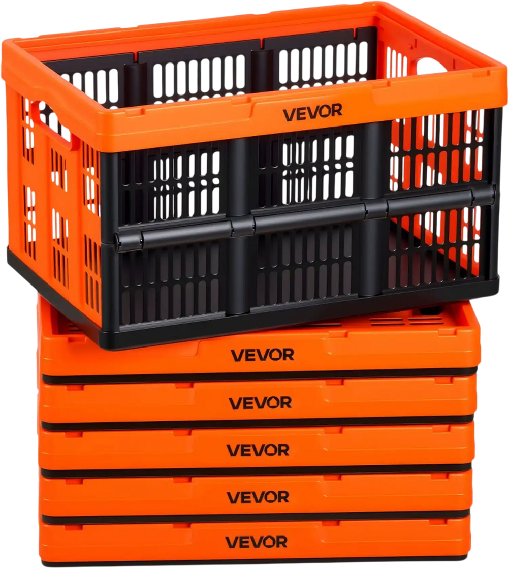 VEVOR Plastic Collapsible Storage Bins, 45L 6 Packs, Stackable Folding Storage Crates with Handles, Holds 33 lbs Per Bin, Foldable Heavy Duty Containers, Space-Saving Baskets, for Home Organizing