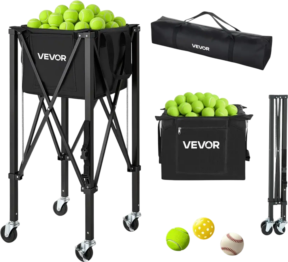 VEVOR Tennis Ball Hopper, Holds 120 Tennis Balls, Foldable Pickleball Basket Cart with Wheels for Easy Pick Up, Lightweight Aluminum Alloy, Portable Pickleball Caddy with Storage Bag, for Training